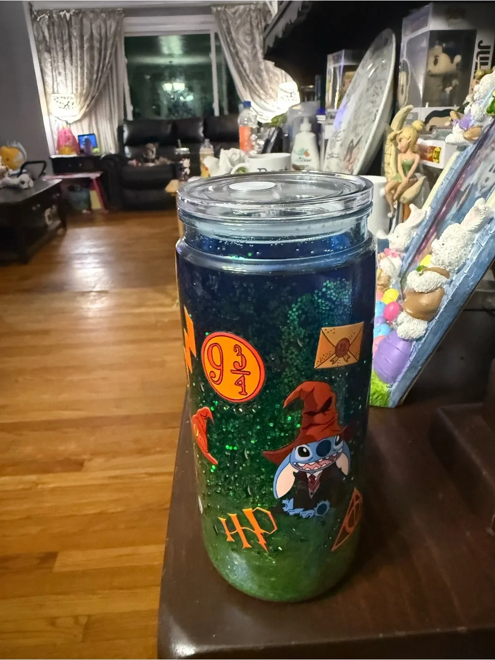 Stitch-themed Glitter Travel Tumbler in Green and Blue